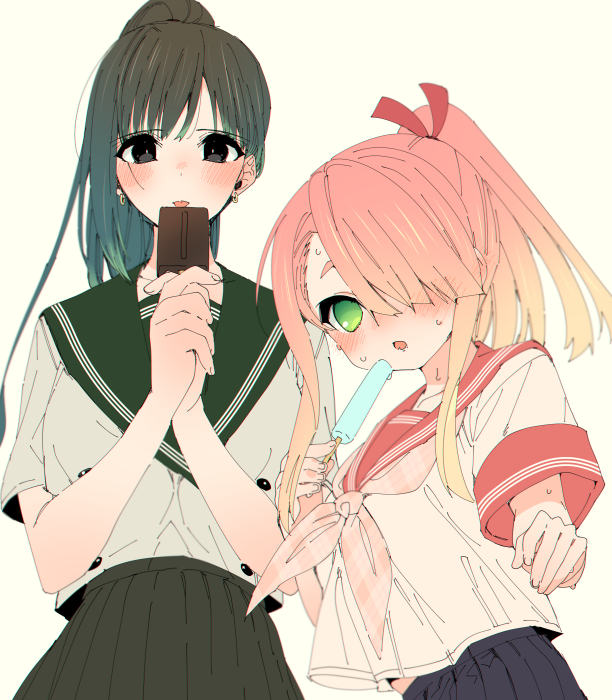 2girls, black_eyes, black_skirt, blush, bow, food, green_eyes, green_hair