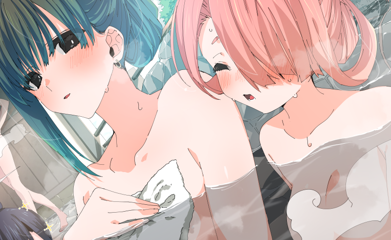2girls, black_eyes, blush, breasts, closed_eyes, embarrassed, green_hair, hand_up