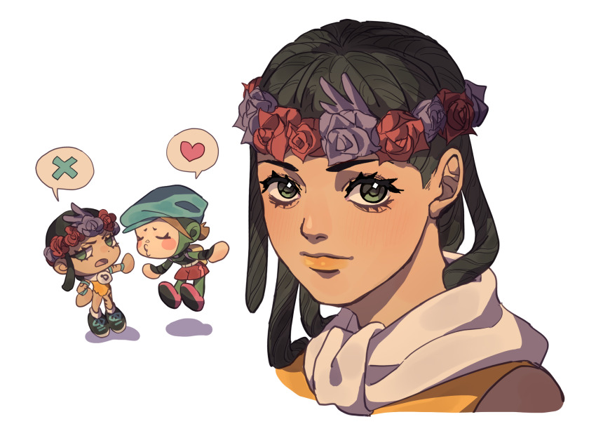 2boys, arm_tattoo, black_hair, bodysuit, brown_hair, chibi, dark-skinned_male, dark_skin