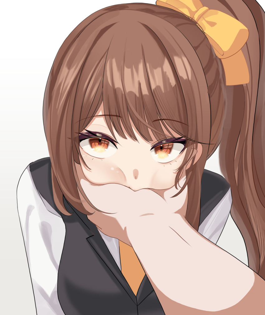 1boy, 1girl, absurdres, anguss, black_vest, bow, brown_eyes, brown_hair