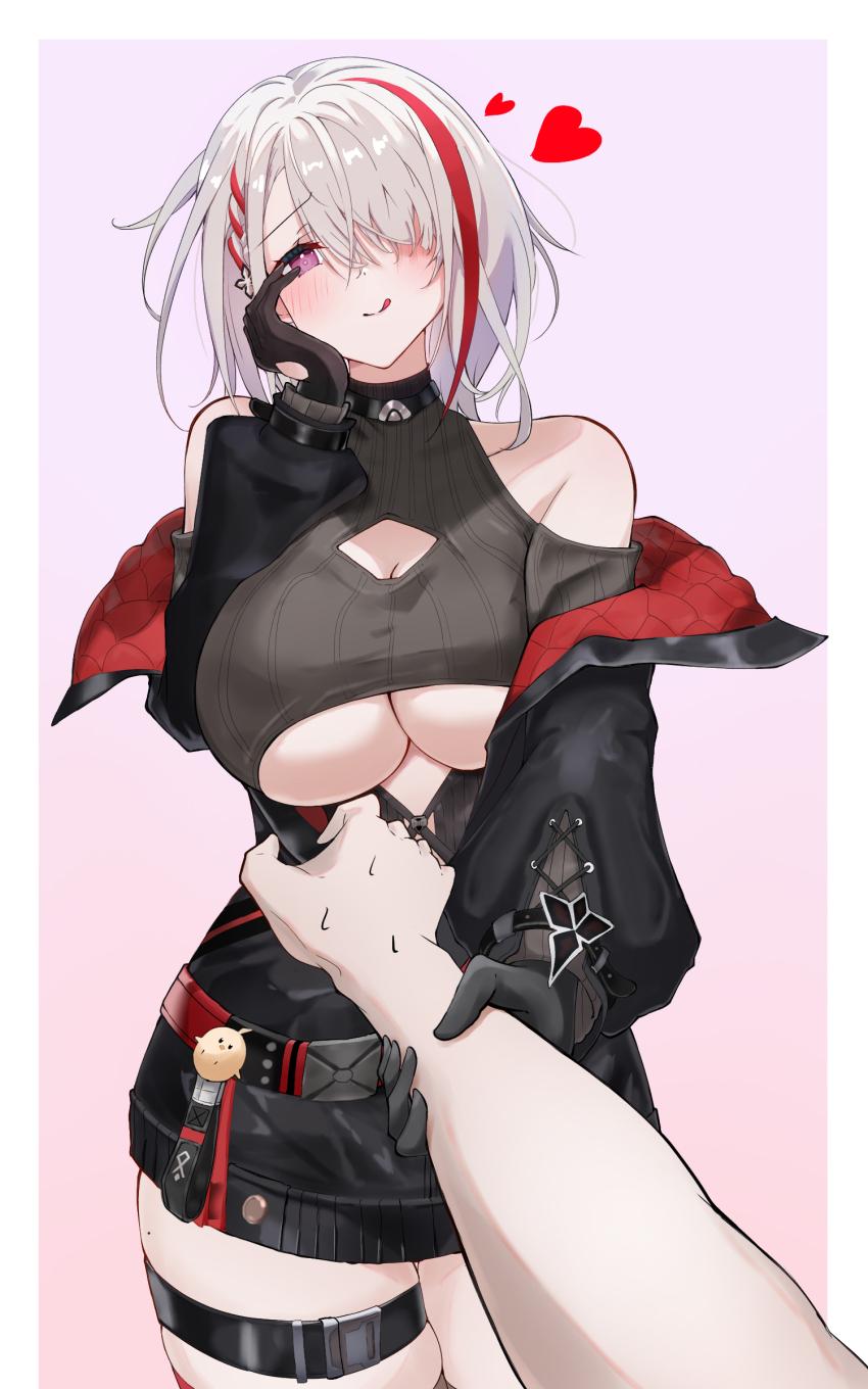 1girl, absurdres, argar_demo, azur_lane, bare_shoulders, black_gloves, blush, breasts, cleavage_cutout, clothing_cutout, cowboy_shot, duisburg_(azur_lane), gloves, gradient_background, heart, highres, large_breasts, long_sleeves, manjuu_(azur_lane), multicolored_hair, pov, pov_hands, purple_eyes, red_hair, shoulder_cutout, simple_background, streaked_hair, two-tone_hair, underboob, underboob_cutout, white_hair