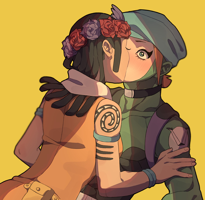 2boys, arm_tattoo, armlet, black_hair, blue_eyes, blush, newsboy_cap, dark-skinned_male