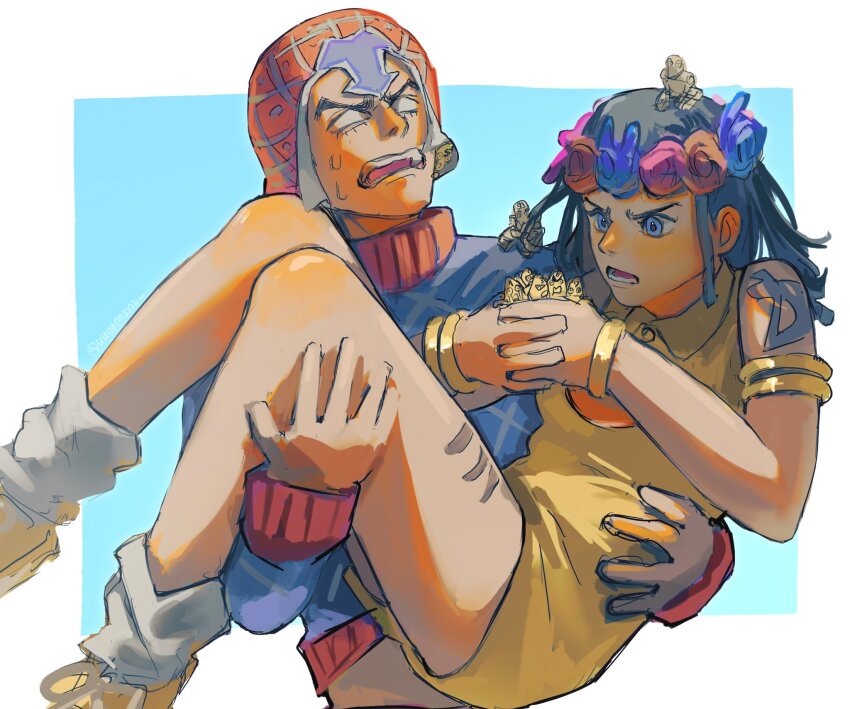 2boys, argyle_clothes, argyle_sweater, arm_tattoo, armlet, black_eyes, black_hair, blank_eyes