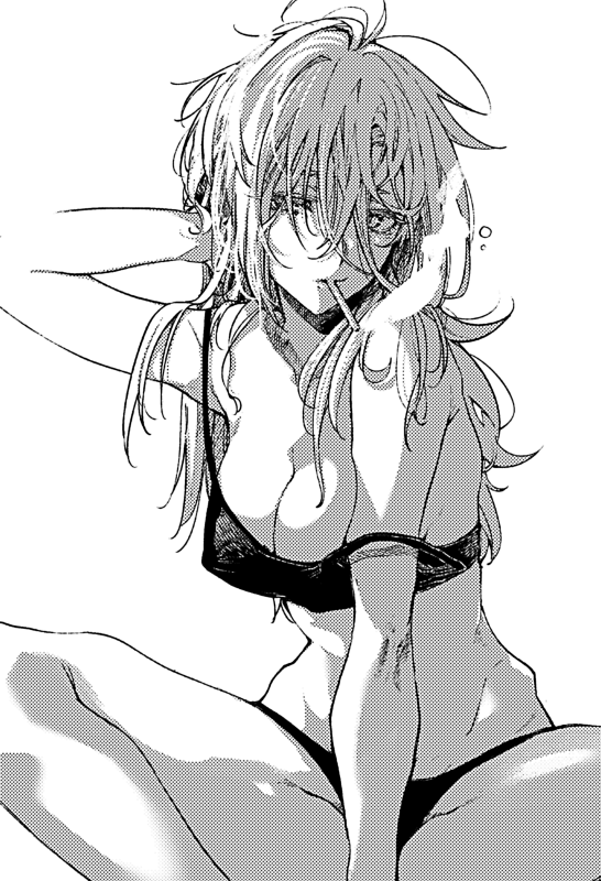 1girl, arm_up, black_bra, black_panties, blonde_hair, bra, breasts, candy, closed_mouth, disheveled, female_focus, food, grace_(kimi_wa_meido-sama), greyscale, kimi_wa_meido-sama, large_breasts, lollipop, long_hair, looking_at_viewer, monochrome, panties, shotan, simple_background, sitting, underwear, very_long_hair, white_background