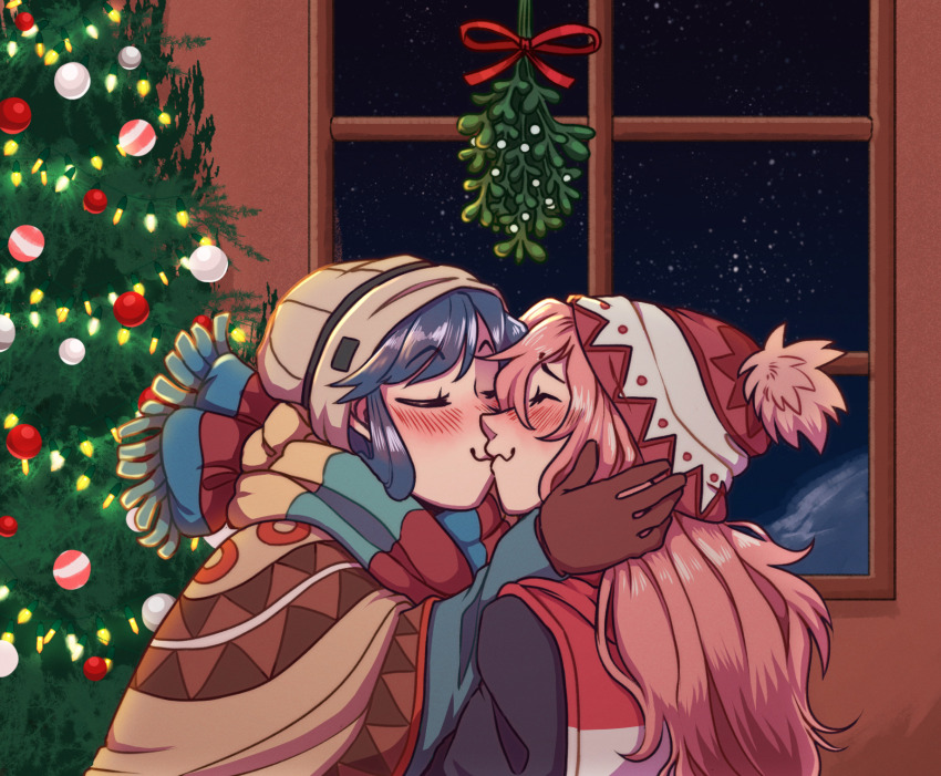 2girls, beanie, blush, christmas_tree, closed_eyes, closed_mouth, gloves, hat