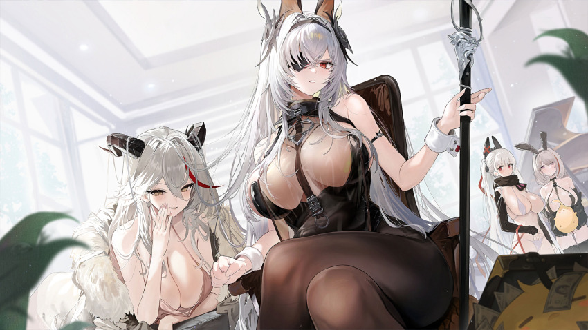 aegir_(azur_lane), aegir_(one-on-one_leisure_time)_(azur_lane), animal_ears, artist_request, azur_lane, bikini, single_breast_curtain, breasts, cleavage, crossed_legs, duisburg_(azur_lane), duisburg_(endurance_training_(gone_wrong))_(azur_lane), eyepatch, fake_animal_ears, formidable_(azur_lane), formidable_(rockin'_encore)_(azur_lane), fritz_rumey_(azur_lane), fritz_rumey_(schwarzes_kaninchen)_(azur_lane), grey_hair, highres, horns, long_hair, looking_at_viewer, multiple_girls, official_alternate_costume, official_art, pantyhose, playboy_bunny, red_eyes, see-through_breast_curtain, see-through_clothes, swimsuit, white_wrist_cuffs, wrist_cuffs