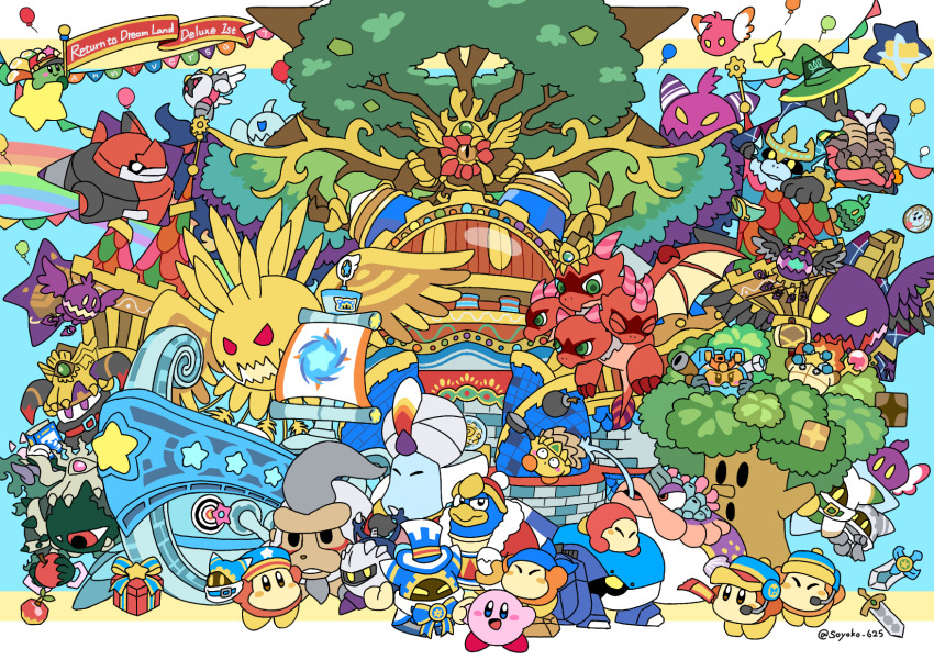 anniversary, apple, balloon, bandana, bandana_waddle_dee, blue_bandana, bomb, book