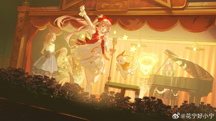 4girls, a_beautiful_day_(infinity_nikki), animal, bibcoon_(infinity_nikki), black_gloves, black_ribbon, blue_bow, blue_skirt, blunt_bangs, bow, bowtie, brooch, brown_eyes, bush, cat, ceiling_light, chinese_commentary, clenched_hands, cloak, closed_eyes, clothed_animal, collared_shirt, commentary_request, dress, eyelashes, far_and_away_(infinity_nikki), floating_clothes, floating_hair, floral_memory_(infinity_nikki), flower, flute, french_horn, frilled_dress, frilled_gloves, frilled_shirt_collar, frilled_sleeves, frills, gloves, grand_piano, green_bow, green_bowtie, green_dress, green_hat, green_skirt, grey_pantyhose, hair_bow, hat, high-waist_skirt, high_collar, highres, holding, holding_flute, holding_instrument, hood, hood_up, hooded_cloak, huaning_haoxiao_ning, indoors, infinity_nikki, instrument, jewelry, long_hair, looking_at_object, medium_dress, medium_skirt, microphone, microphone_stand, mini_hat, momo_(nikki), multiple_girls, multiple_persona, music, neck_ribbon, night, nikki_(nikki), nikki_(series), on_stool, one_eye_closed, open_mouth, painting_(object), pantyhose, piano, picture_frame, pinafore_dress, pink_flower, pink_hair, playing_instrument, playing_piano, pleated_dress, ponytail, puffy_short_sleeves, puffy_sleeves, raccoon, rebirth_wish_(infinity_nikki), red_bow, red_vest, ribbon, shirt, short_dress, short_sleeves, singing, sitting, skirt, sleeveless, sleeveless_dress, sleeveless_shirt, smile, stage, star_(symbol), stool, straight_hair, very_long_hair, vest, watermark, weibo_watermark, white_cat, white_dress, white_gloves, white_shirt, yellow_cloak, yellow_ribbon