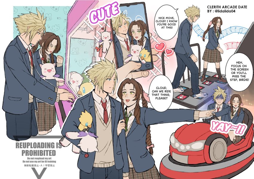 aerith_gainsborough, alternate_costume, bemani, black_pants, black_socks, blonde_hair, blue_eyes, braid, braided_ponytail, breasts, brown_footwear, bumper_car, cellphone_charm, charm_(object), chocobo, cloud_strife, collared_shirt, commentary, crane_(machine), dance_dance_revolution, english_commentary, final_fantasy, final_fantasy_vii, green_eyes, green_necktie, grey_jacket, hair_ribbon, highres, holding, holding_phone, holding_stuffed_toy, jacket, lida_(lidalida04), loafers, long_hair, long_sleeves, medium_breasts, moogle, multiple_views, musical_note, necktie, official_alternate_costume, pants, parted_bangs, phone, pink_ribbon, plaid_clothes, plaid_skirt, pleated_skirt, pointing, red_necktie, ribbon, school_uniform, selfie, shirt, shoes, short_hair, sidelocks, single_braid, skirt, sneak, socks, sparkle, spiked_hair, stuffed_animal, stuffed_toy, suit_jacket, taking_picture, twitter_username, white_background, white_shirt