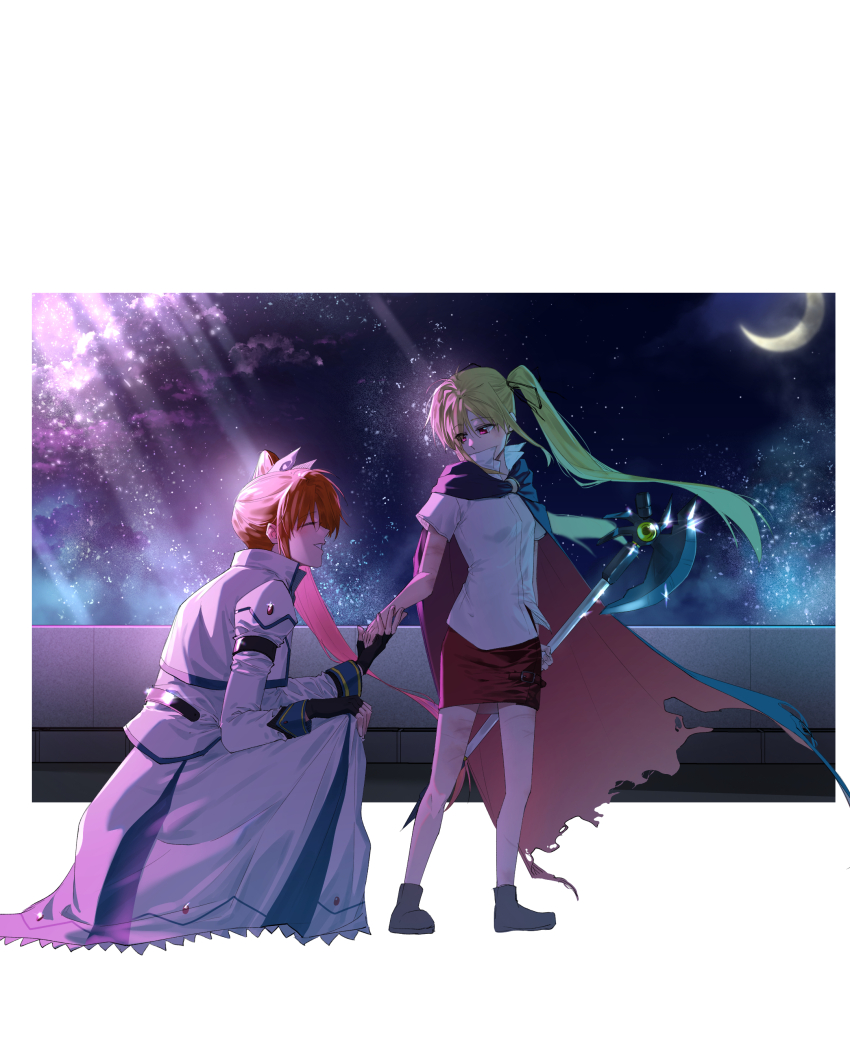 2girls, absurdres, age_difference, bardiche_(nanoha), blonde_hair, boots, border, brown_eyes