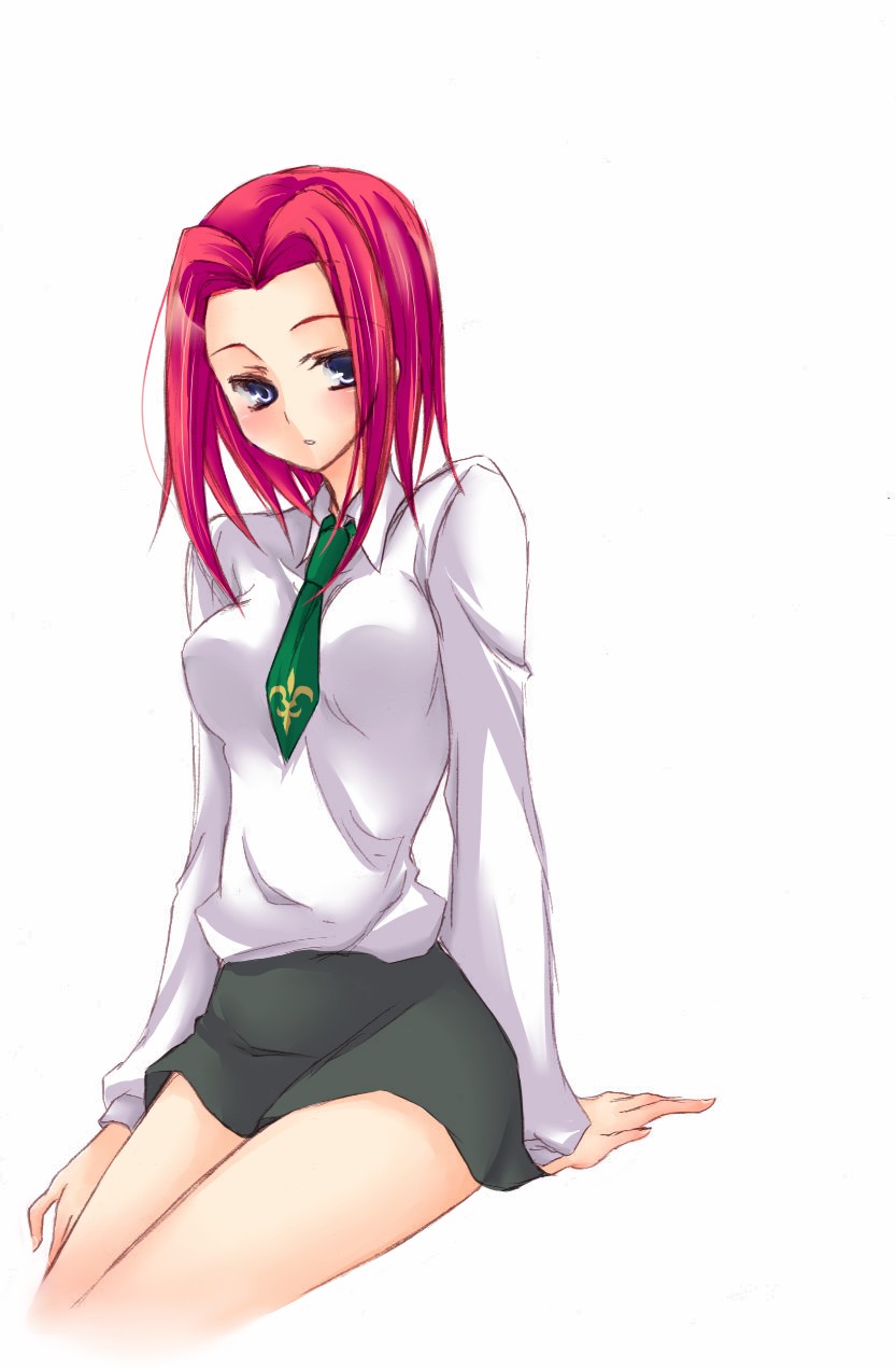 1girl, blue_eyes, breasts, code_geass, dress_shirt, female_focus, highres, kouzuki_kallen, long_hair, miniskirt, necktie, red_hair, school_uniform, shirt, skirt, solo, suzuki_shia, white_background, white_shirt