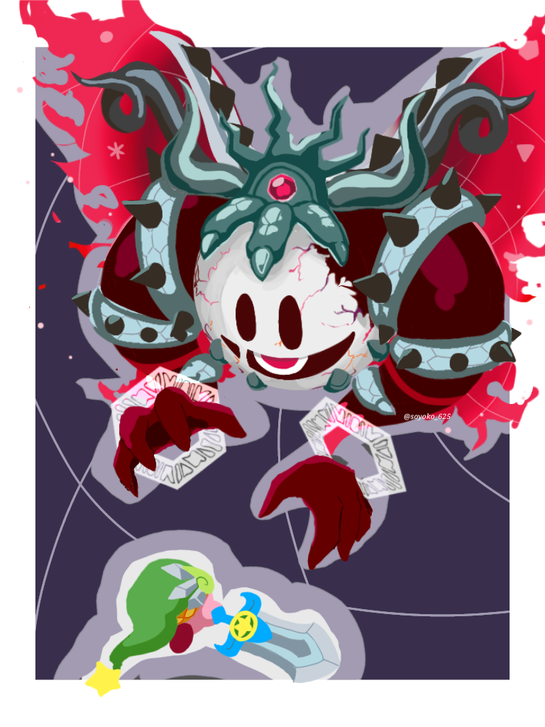 fusion, green_hat, hat, holding, holding_sword, holding_weapon, horns, kirby