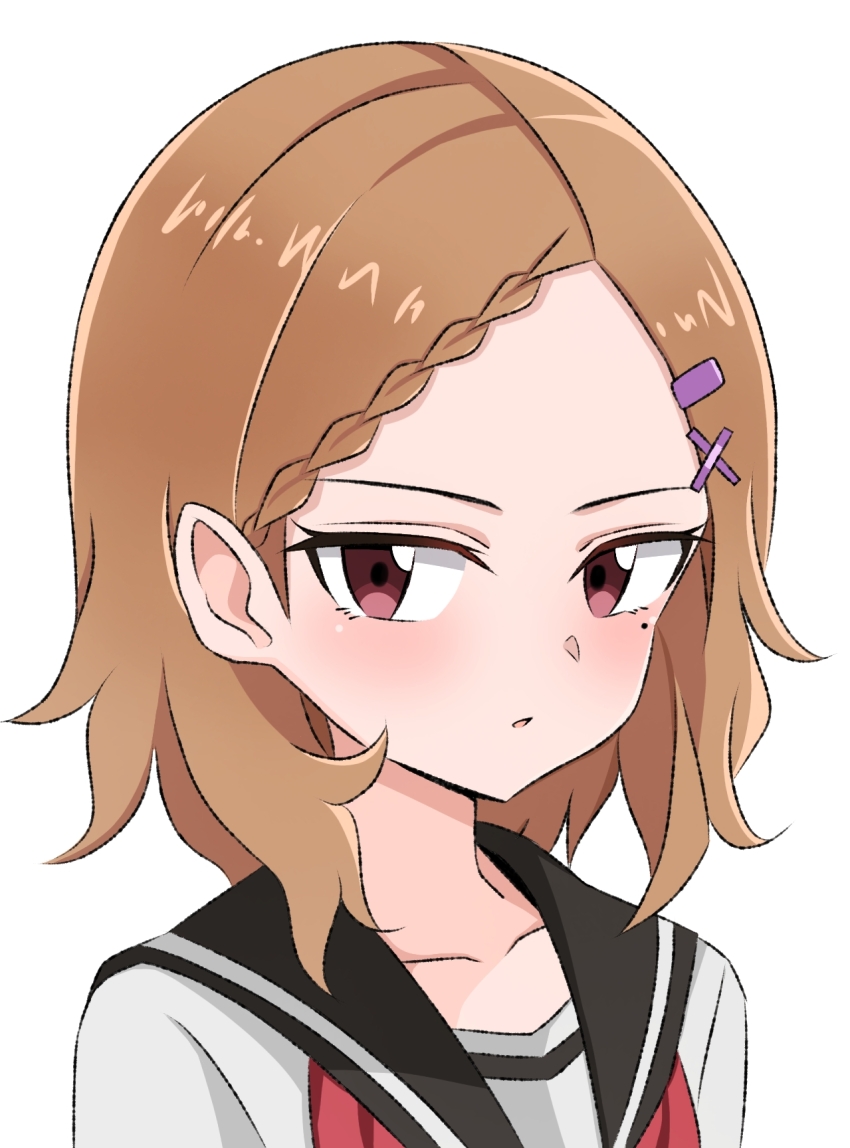 1girl, black_sailor_collar, blush, braid, braided_bangs, brown_hair, collarbone, dot_nose, eyelashes, hair_ornament, hairpin, haru_(pntre25), highres, houjou_(takagi-san), karakai_jouzu_no_takagi-san, looking_at_viewer, medium_hair, mole, mole_under_eye, neckerchief, parted_bangs, parted_lips, pink_eyes, red_neckerchief, sailor_collar, school_uniform, serafuku, simple_background, single_sidelock, solo, upper_body, white_background, white_serafuku