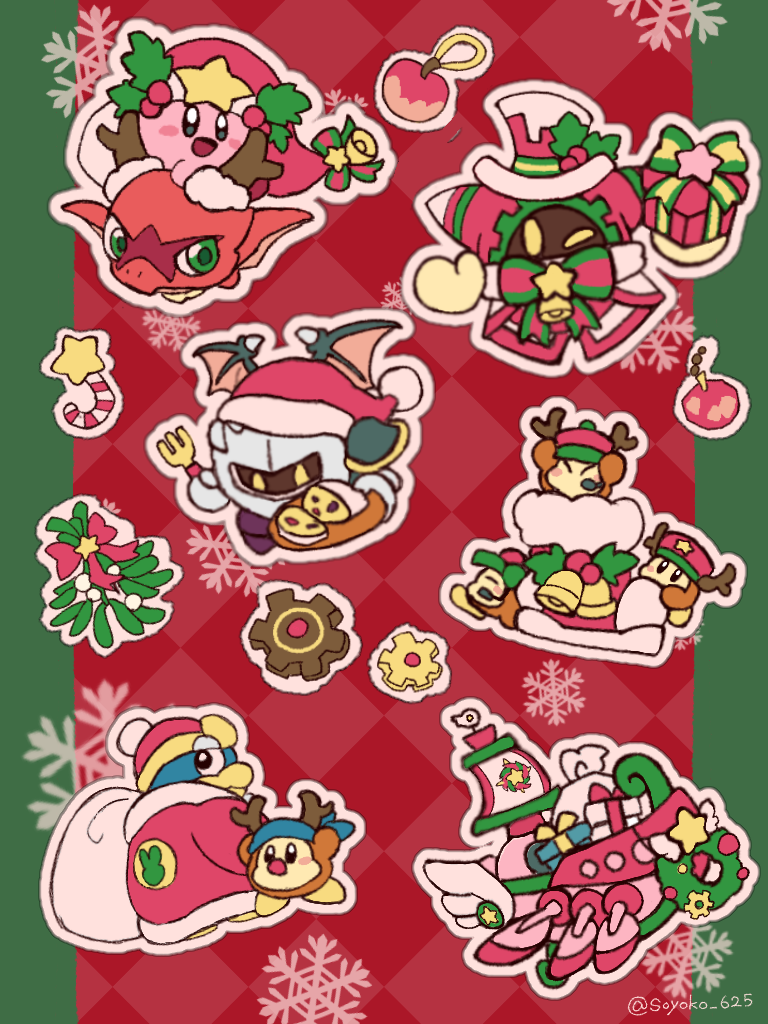 armor, bandana, bandana_waddle_dee, bat_wings, bell, blue_bandana, candy, candy_cane, christmas, dragon, fake_antlers, fake_nose, food, fork, gem_apple, hat, holding, holding_fork, holding_sack, jingle_bell, king_dedede, kirby, kirby's_return_to_dream_land_deluxe, kirby_(series), landia, lor_starcutter, magolor, manager_magolor, nintendo, pauldrons, pom_pom_(clothes), rayman_limbs, sack, santa_hat, shoulder_armor, snowflakes, soyoko, waddle_dee, wings, yellow_eyes