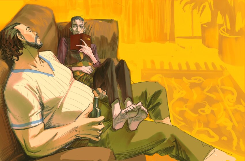 2boys, arcane:_league_of_legends, black_pants, book, bottle, brown_pants, brown_sweater_vest, collarbone