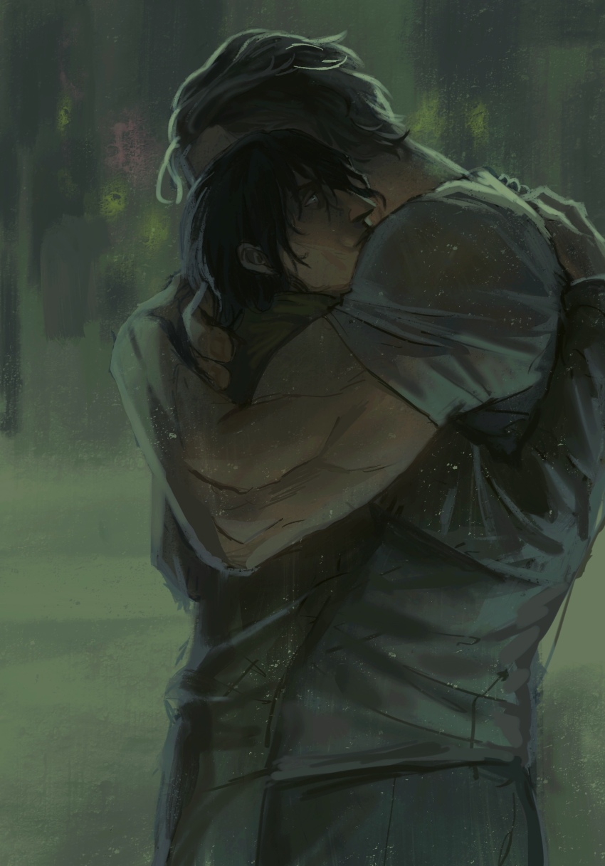 2boys, arcane:_league_of_legends, biceps, black_hair, black_pants, blue_eyes, brown_hair, brown_shirt