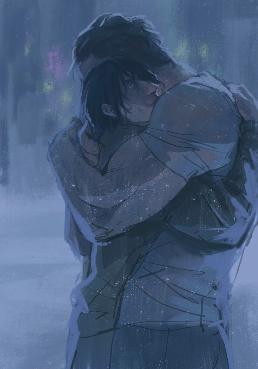 2boys, arcane:_league_of_legends, biceps, black_hair, black_pants, blue_background, blue_eyes, brown_hair, brown_shirt, commentary, covered_face, english_commentary, highres, hug, league_of_legends, long_hair, looking_at_another, male_focus, multiple_boys, oolonglatte, pants, profile, shirt, silco_(arcane), swept_bangs, vander_(arcane), white_shirt