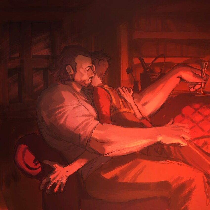 2boys, arcane:_league_of_legends, beard, black_pants, blue_shirt, brown_pants, brown_vest, commentary