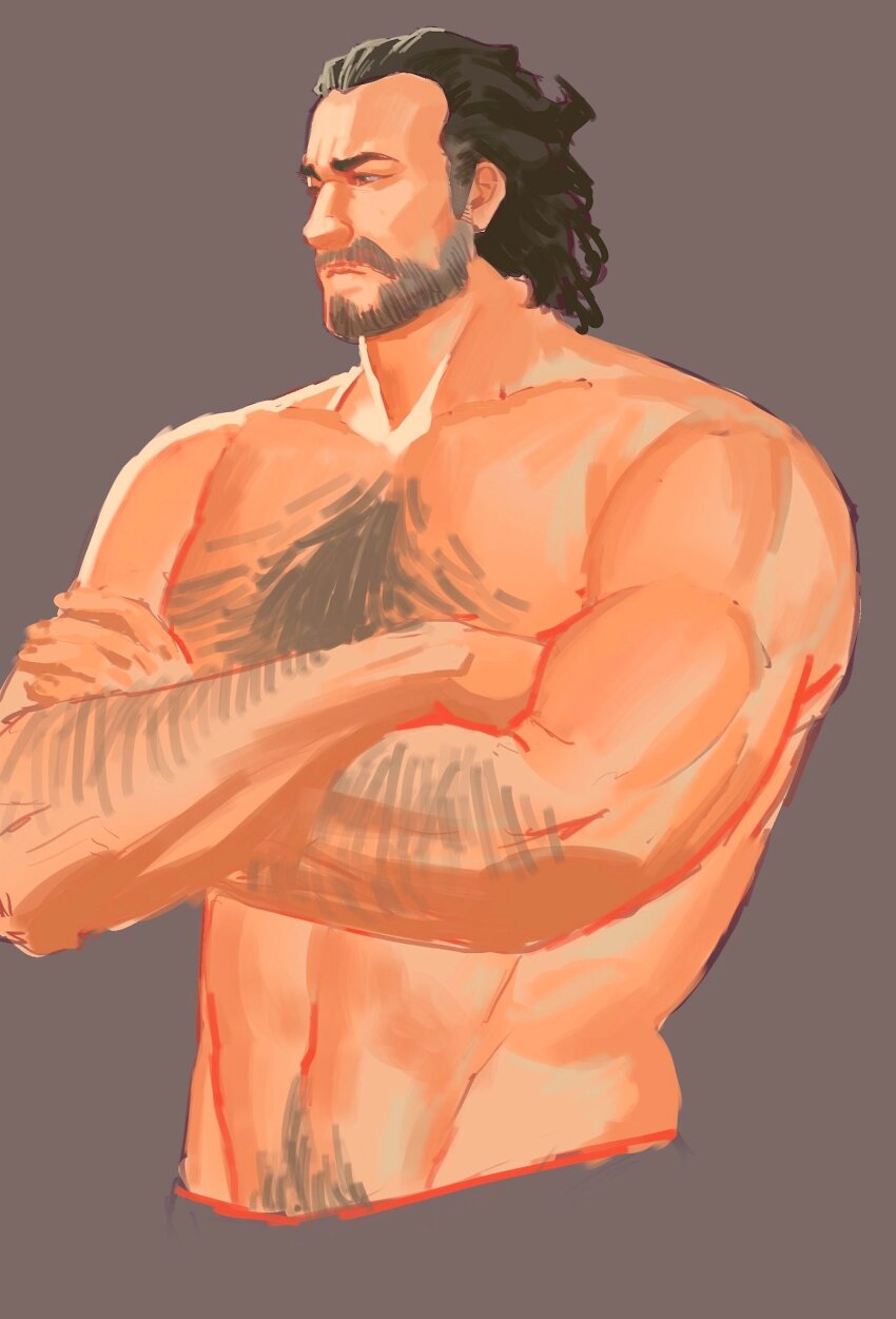 1boy, arcane:_league_of_legends, arm_hair, beard, biceps, black_hair, brown_background, chest_hair