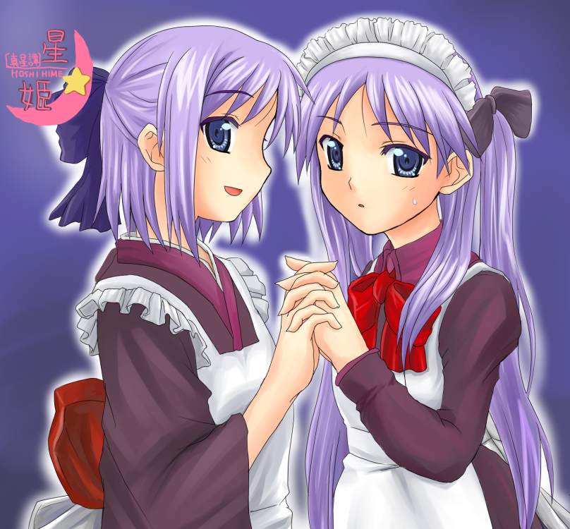 2girls, alternate_costume, blue_eyes, cosplay, crossover, enmaided, hiiragi_kagami, hiiragi_tsukasa