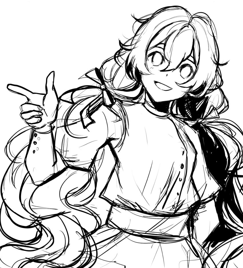 1girl, bright_pupils, charlotte_wiltshire, charlotte_wiltshire_(q84), empty_eyes, fluffyblessing, greyscale, hair_ribbon