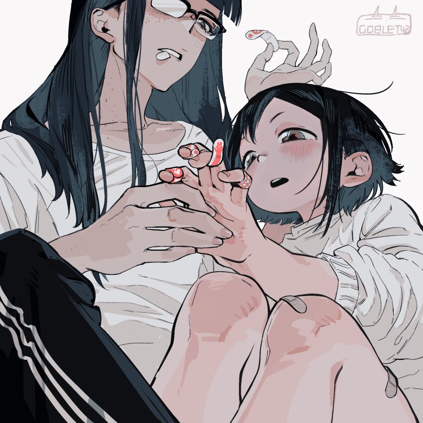 2girls, artist_name, asakusa_midori, asymmetrical_bangs, bandaid, bandaid_on_finger, bandaid_on_hand, bandaid_on_knee