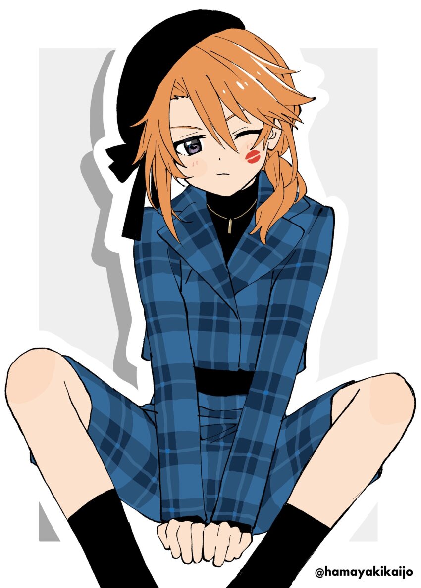 1girl, between_legs, black_socks, black_sweater, blue_coat, blue_shorts, blush, closed_mouth, coat, commentary_request, hamayakikaijo, hand_between_legs, highres, idolmaster, idolmaster_cinderella_girls, jewelry, lipstick_mark, long_hair, long_sleeves, necklace, one_eye_closed, orange_hair, outline_with_lineart, shorts, sitting, socks, solo, sweater, turtleneck, turtleneck_sweater, twitter_username, yuuki_haru