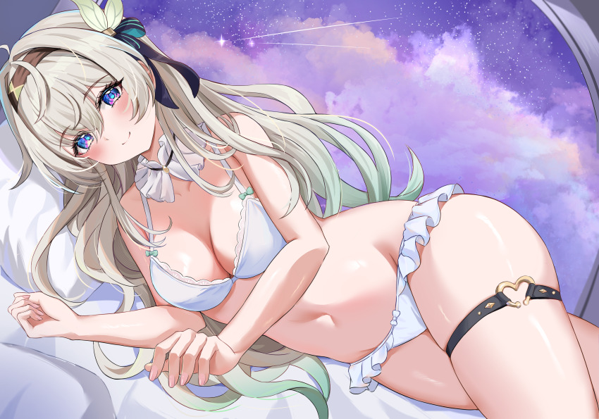 1girl, absurdres, alternate_costume, aqua_hair, bare_shoulders, black_hairband, blush, bra