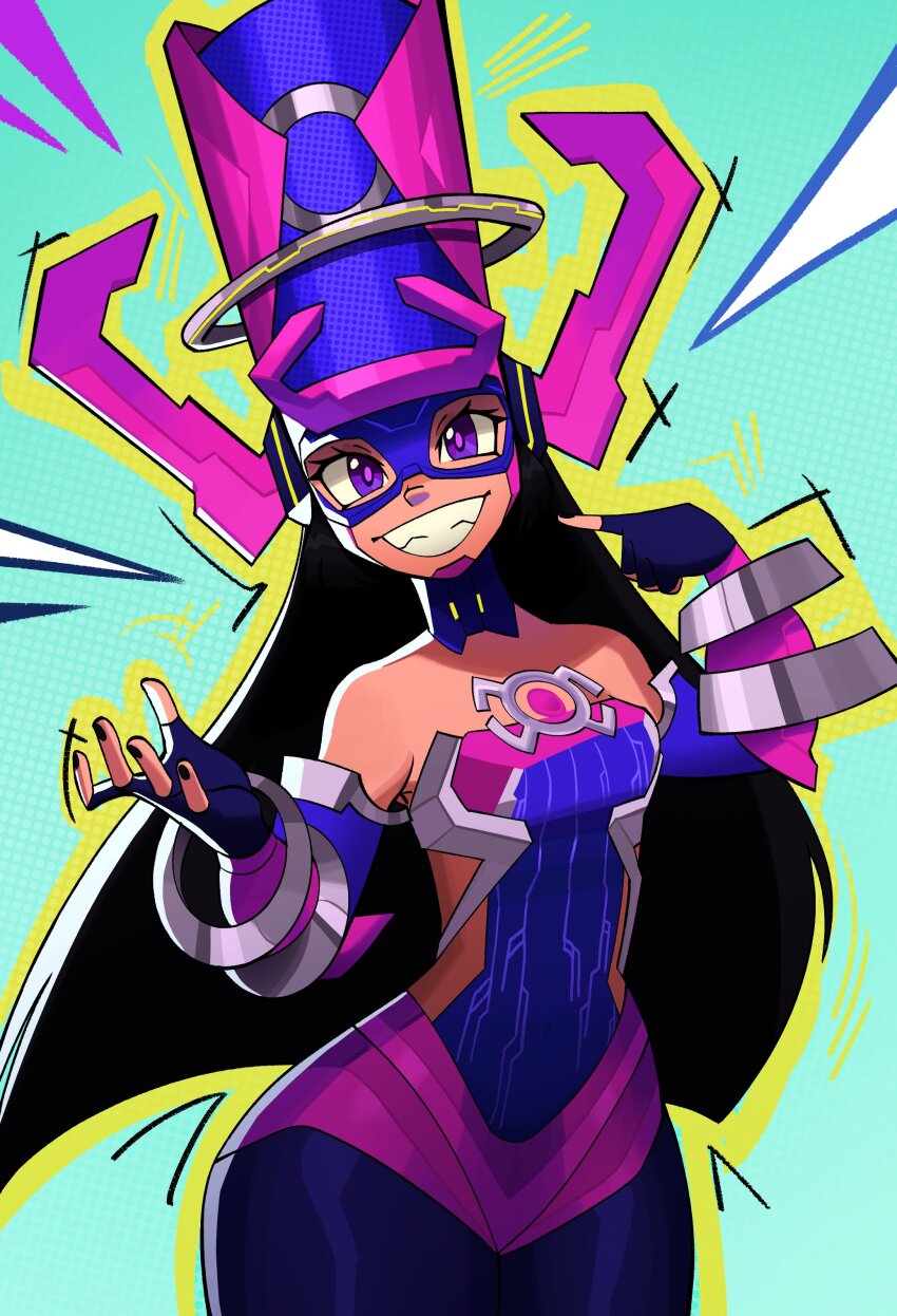 1girl, absurdres, bare_shoulders, black_hair, black_nails, blue_background, commentary, english_commentary, fattcactus, fingerless_gloves, galacta, gloves, helmet, highres, long_hair, looking_at_viewer, marvel, marvel_rivals, outline, pointing, pointing_at_self, purple_eyes, purple_helmet, smile, solo, teeth, yellow_outline