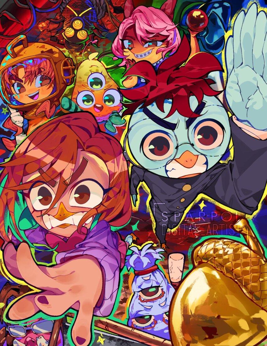 3girls, 4boys, abby_mallard, acorn, alien, animal_nose, ayase_momo, ayase_seiko, beak, blue_feathers, braces, brown_eyes, brown_fur, brown_hair, chicken_boy, chicken_little, chicken_little_cluck, commentary, dandadan, duck_girl, english_commentary, extra_eyes, feathers, fish_boy, fish_out_of_water_(chicken_little), fox_girl, foxy_loxy, furry, furry_female, furry_male, gakuran, glasses, grey-tinted_eyewear, highres, enjoji_jin, kirby_(chicken_little), multiple_boys, multiple_girls, pig_boy, pink_hair, purple_sweater, round_eyewear, runt_of_the_litter_(chicken_little), school_uniform, shiratori_aira_(dandadan), sparpol, star_(symbol), sunglasses, sweater, takakura_ken_(dandadan), tinted_eyewear