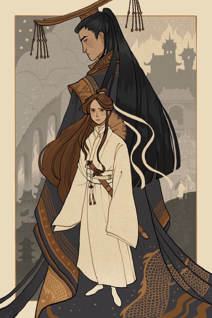 2boys, architecture, bai_wuxiang, bandaged_neck, bandages, black_hair, blue_hanfu, border