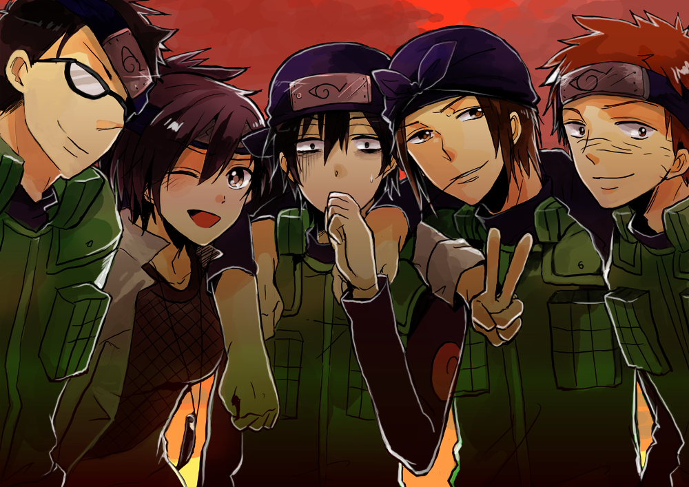 1girl, 4boys, aya_tori, black_eyes, black_hair, cloud, forehead_protector, gekkou_hayate