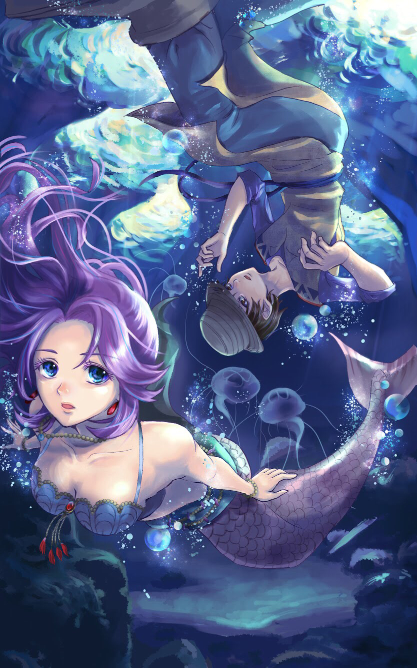 1boy, 1girl, 2others, air_bubble, asagizuisen, bead_bracelet, beads, blue_eyes