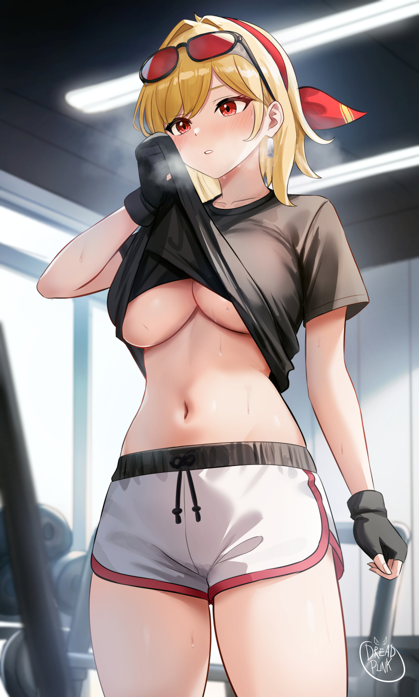 1girl, absurdres, black_gloves, black_shirt, blonde_hair, blush, bow, breasts