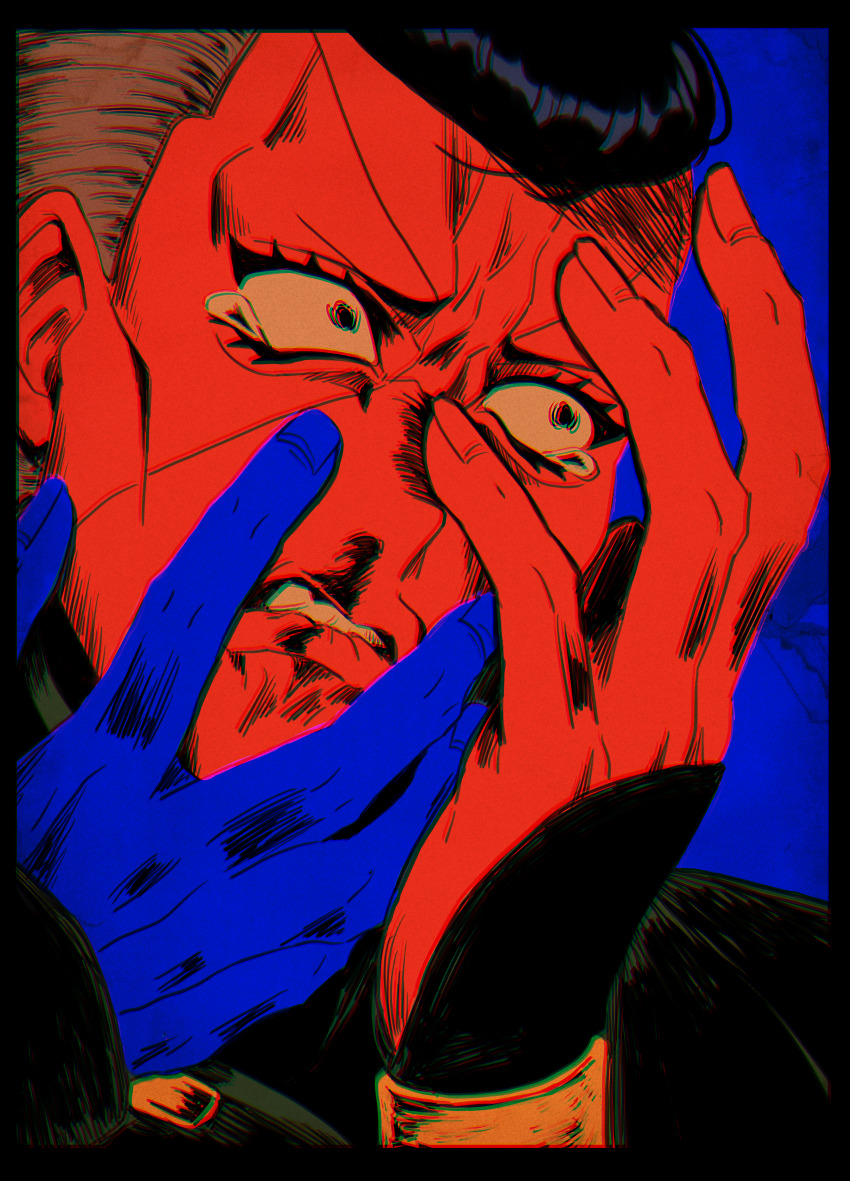 1boy, absurdres, biting_own_lip, blood, clenched_teeth, colored_skin, crying, diamond_wa_kudakenai, eyelashes, facial_mark, gakuran, hands_on_own_face, highres, jojo_no_kimyou_na_bouken, male_focus, nijimura_okuyasu, nosebleed, pompadour, red_skin, school_uniform, siniy, solo, tears, teeth, yen_sign