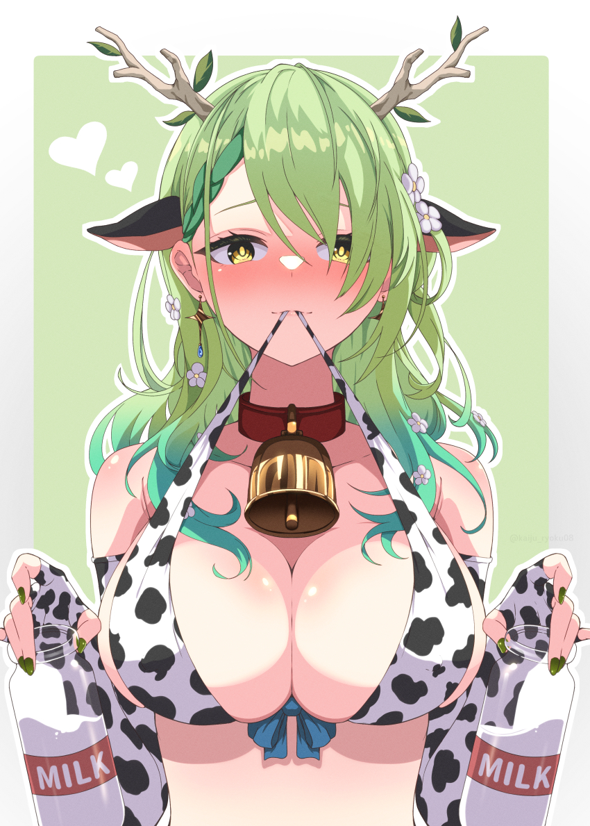 1girl, absurdres, alternate_costume, animal_ears, animal_print, antlers, asymmetrical_bangs, bell