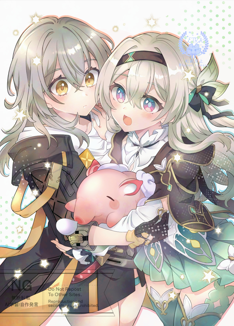 2girls, animal, black_gloves, black_hairband, black_jacket, black_skirt, cowboy_shot, cropped_jacket