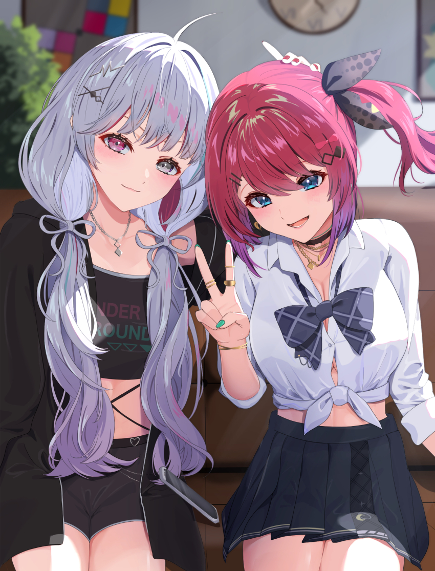 2girls, ahoge, belt, black_belt, black_choker, black_hoodie, black_shirt, black_shorts