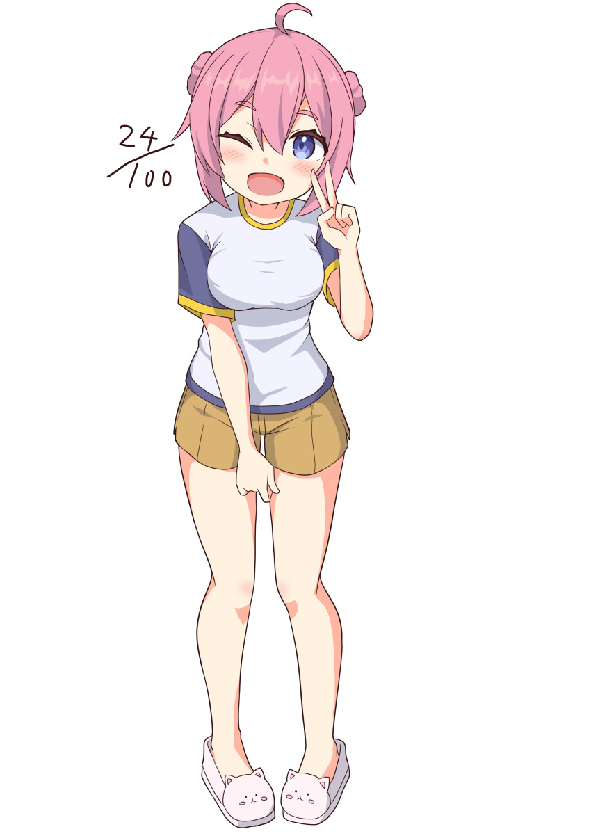 1girl, absurdres, ahoge, animal_slippers, blue_eyes, blush, dated_commentary, double_bun, full_body, hair_bun, highres, numbered, one_eye_closed, open_mouth, pepatiku, pink_hair, shirt, short_sleeves, shorts, slippers, smile, solo, steam_(platform), steam_delivery_girl, t-shirt, v