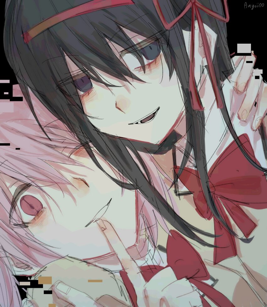 2girls, aayoii_00, akemi_homura, black_background, black_hair, bow, bowtie, highres