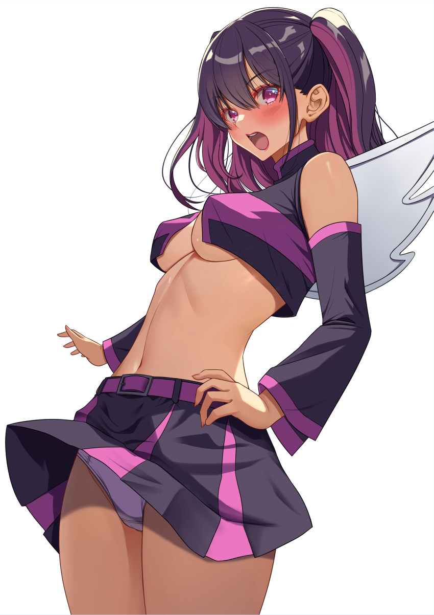 1girl, 2.5_jigen_no_ririsa, absurdres, akihiro0920, bare_shoulders, belt, black_hair, black_skirt, black_sleeves, blush, breasts, commentary_request, cosplay, cowboy_shot, crop_top, detached_sleeves, fake_wings, highres, looking_at_viewer, medium_hair, midriff, miriella_(2.5_jigen_no_ririsa), miriella_(2.5_jigen_no_ririsa)_(cosplay), multicolored_hair, navel, open_mouth, panties, pantyshot, pink_skirt, pleated_skirt, purple_belt, purple_eyes, purple_hair, purple_panties, purple_trim, simple_background, skirt, sleeveless, small_breasts, solo, stomach, tachibana_mikari, two-tone_hair, two-tone_skirt, two_side_up, underboob, underwear, white_background, white_wings, wig, wings