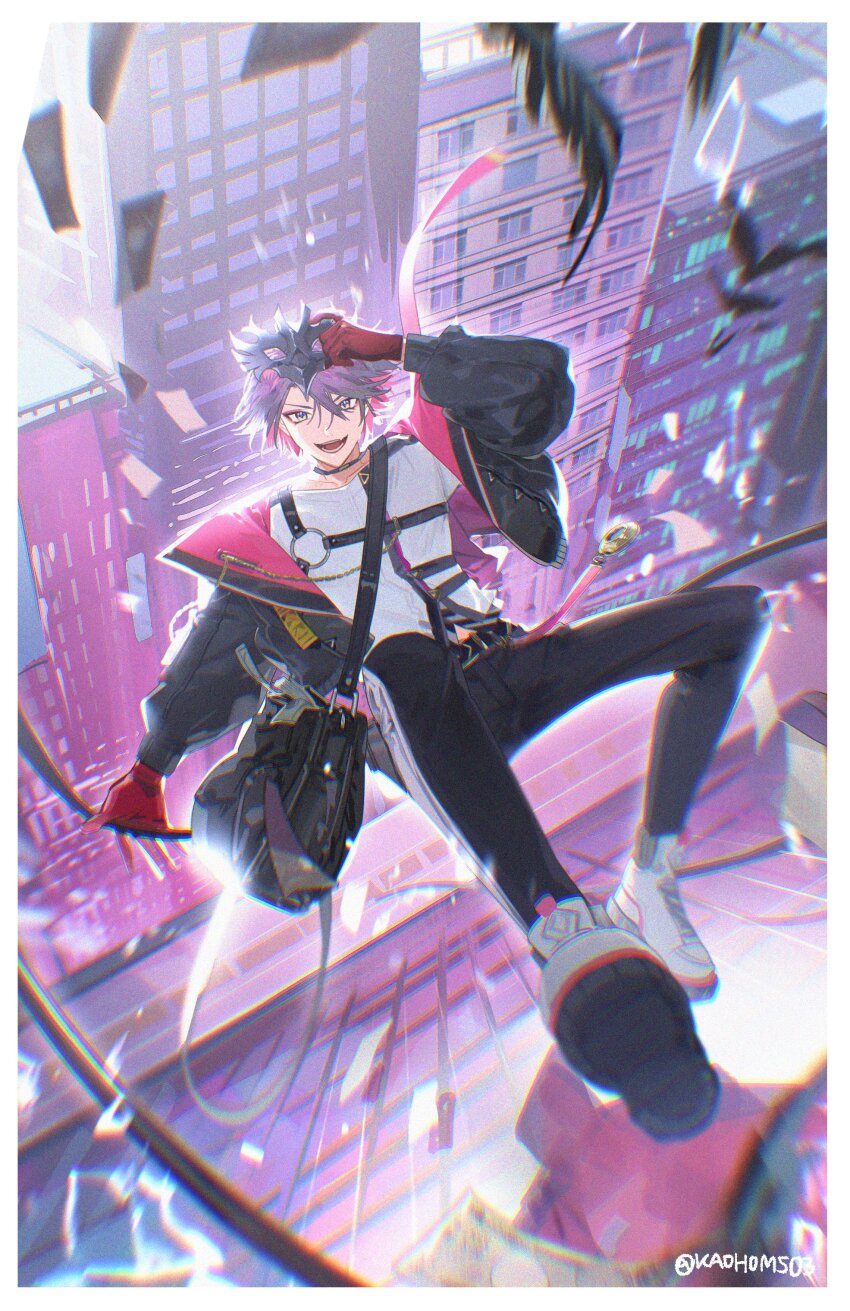 1boy, :d, absurdres, artist_name, banknote, belt, black_belt, black_choker