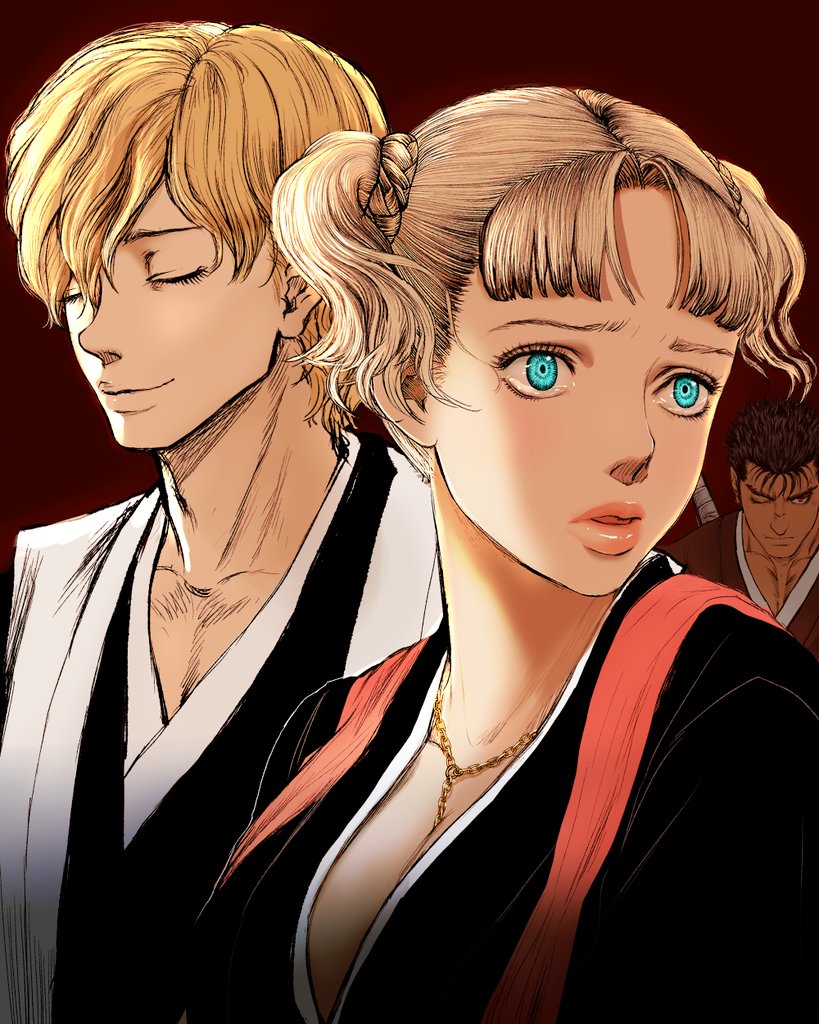 1girl, 2boys, berserk, bleach, blonde_hair, blue_eyes, closed_eyes, cosplay