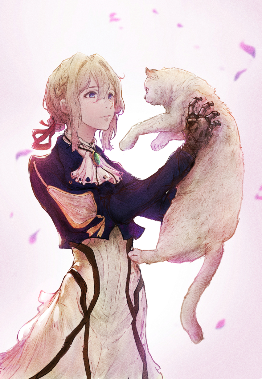aise6035, animal, ascot, blonde_hair, blue_eyes, braid, braided_bun, brooch, cat, dress, hair_bun, highres, holding, holding_animal, holding_cat, jewelry, light_blush, light_smile, mechanical_arms, prosthesis, prosthetic_arm, tagme, violet_evergarden, violet_evergarden_(series), white_ascot, white_cat