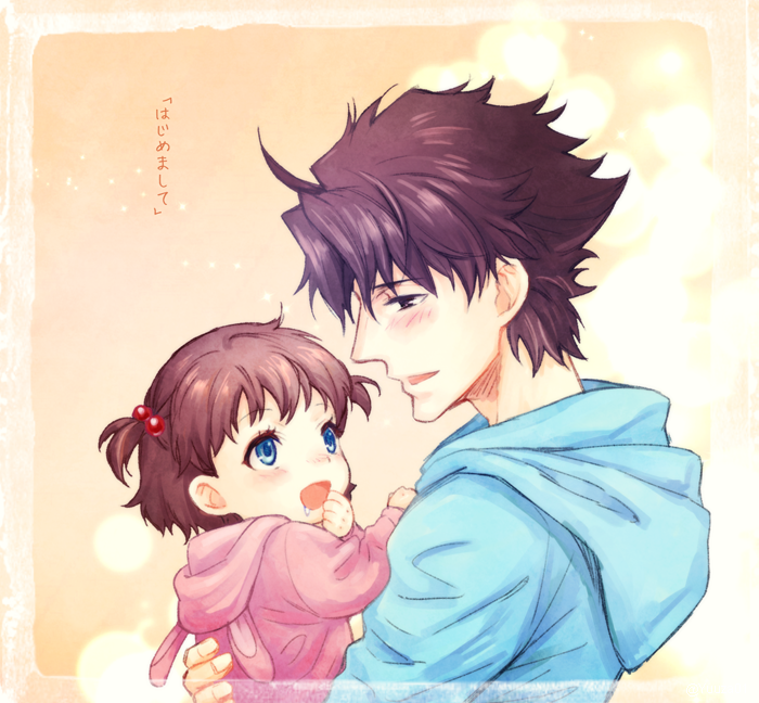 1boy, 1girl, aged_down, baby, blue_eyes, blue_hoodie, brown_hair, carrying