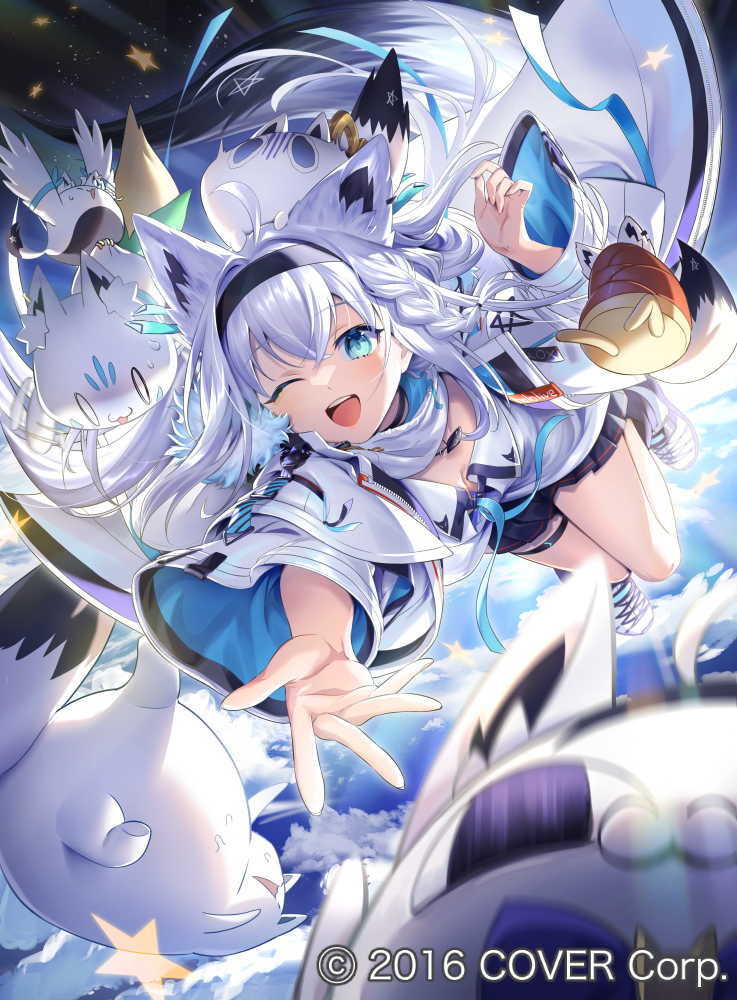 1girl, ;d, ahoge, animal_ear_fluff, animal_ear_piercing, animal_ears, aqua_eyes, black_hairband