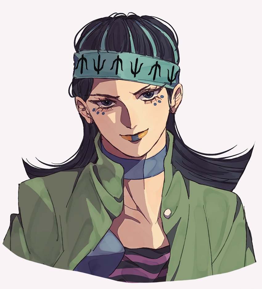 1girl, black_eyes, black_hair, blue_lips, choker, green_jacket, gwess, hat