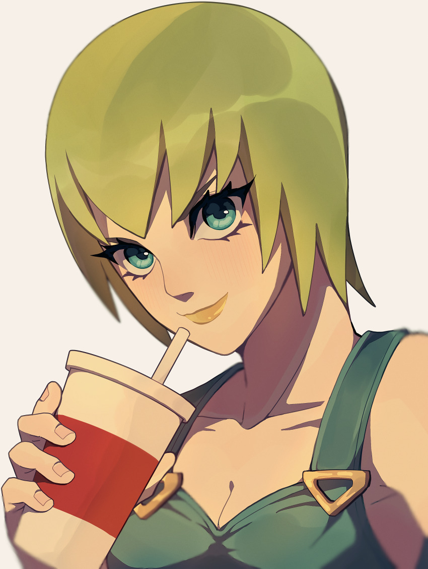 1girl, absurdres, breasts, cleavage, cup, drinking_straw, foo_fighters_(jojo), green_eyes, green_hair, highres, holding, holding_cup, jojo_no_kimyou_na_bouken, looking_at_viewer, overalls, portrait, short_hair, siniy, smile, solo, stone_ocean