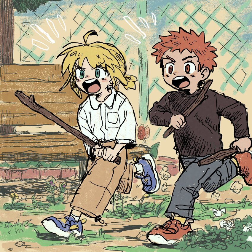 1boy, 1girl, amemasu79, artoria_pendragon_(fate), blonde_hair, chain-link_fence, emiya_shirou, fence, green_eyes, highres, holding, holding_stick, open_mouth, orange_eyes, orange_hair, running, saber_(fate), stick