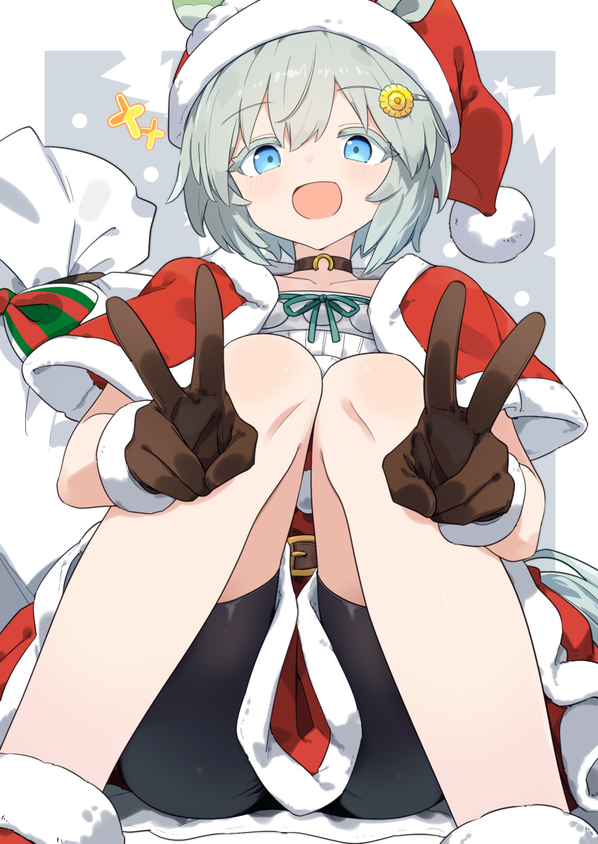 1girl, :d, animal_ears, bike_shorts, blue_eyes, brown_gloves, christmas, commentary_request